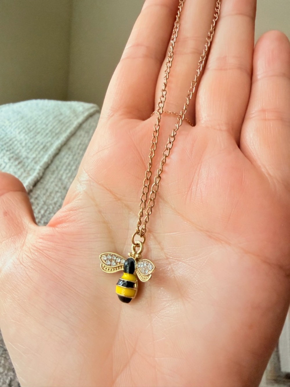 Gold Platted Bee Pendant Necklace with Yellow & Black Enamel